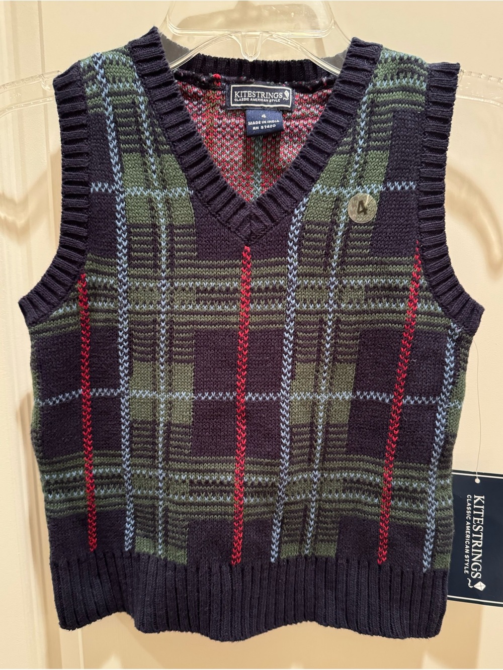 Boy’s Kitestrings Plaid Sweater Vest - 100% Cotton - Size 4 - New with Tags